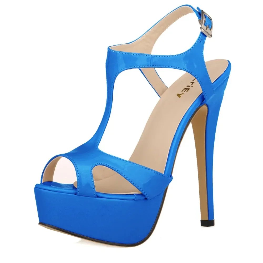 2024 New Women Sandals 14cm Sexy T-Strap Peep Toe Platform Summer Red Wedding Shoes Patent Leather Thin High Heels Big Size 44