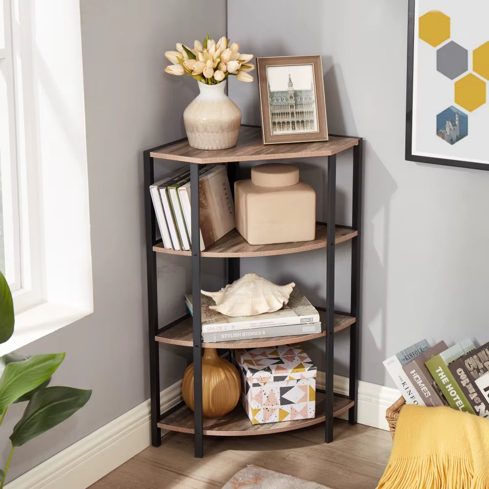 4-Tier Corner Open Shelf Bookcase Freestanding Shelving Unit Plant Stand Small Bookshelf for Living Room Home Office Kitchen