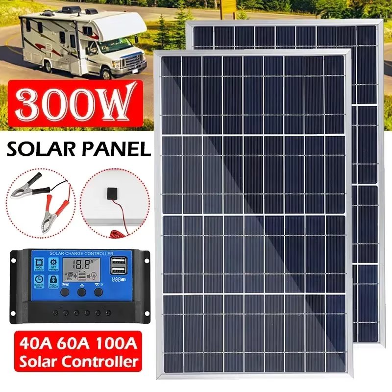 Solar Panel 300W 18V Aluminum Frame Polycrystalline Silicon Solar Charging Panel Outdoor Rechargeable Solar Cell Solar Generator