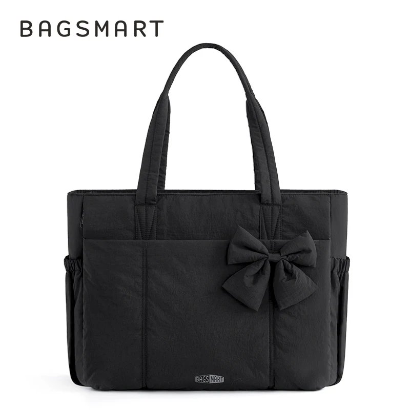BAGSMART Padded Tote Bag With Bow Casual Quilted Padded Women Shoulder Bags Fit 15.6in Laptop Large Capacity Yoga Gym Bags