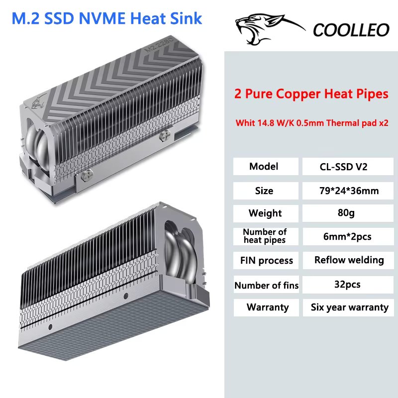 COOLLEO CL-SSD V2 M.2 2280 NVMe SSD Heat Sink 2 heat pipes SSD Cooler With 14.8W/mk Thermal Pad