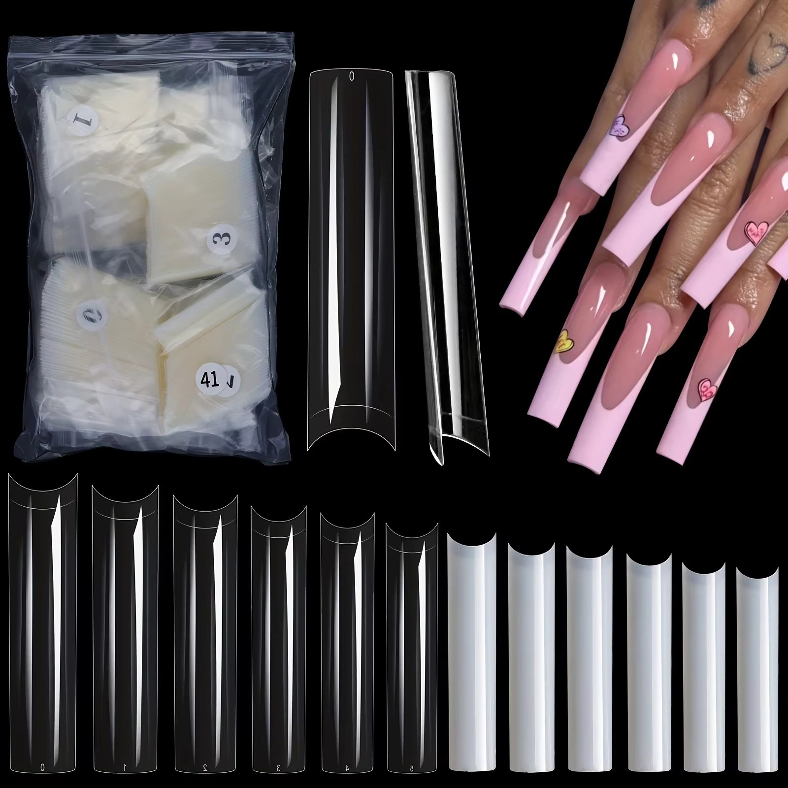 504Pcs XXL C Curve Nail Tips For Acrylic Nails Straight Tapered Square Clear/Natural Half Cover Long Fake Nails For Nail Salon