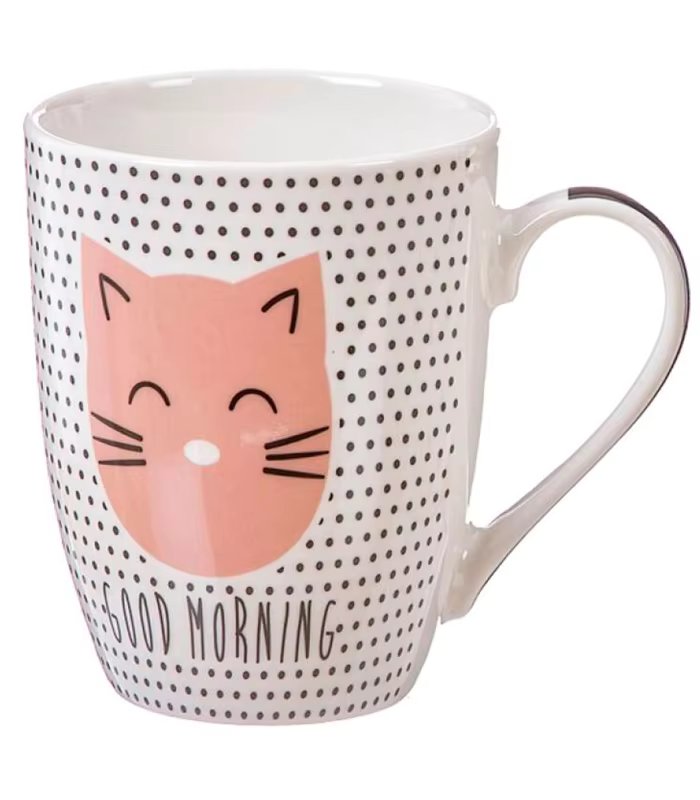 Tradineur Ceramic Cup for Tea, Infusions, Coffee, Breakfast, Dishwasher and Microwave, original Gift (Cat, 3
