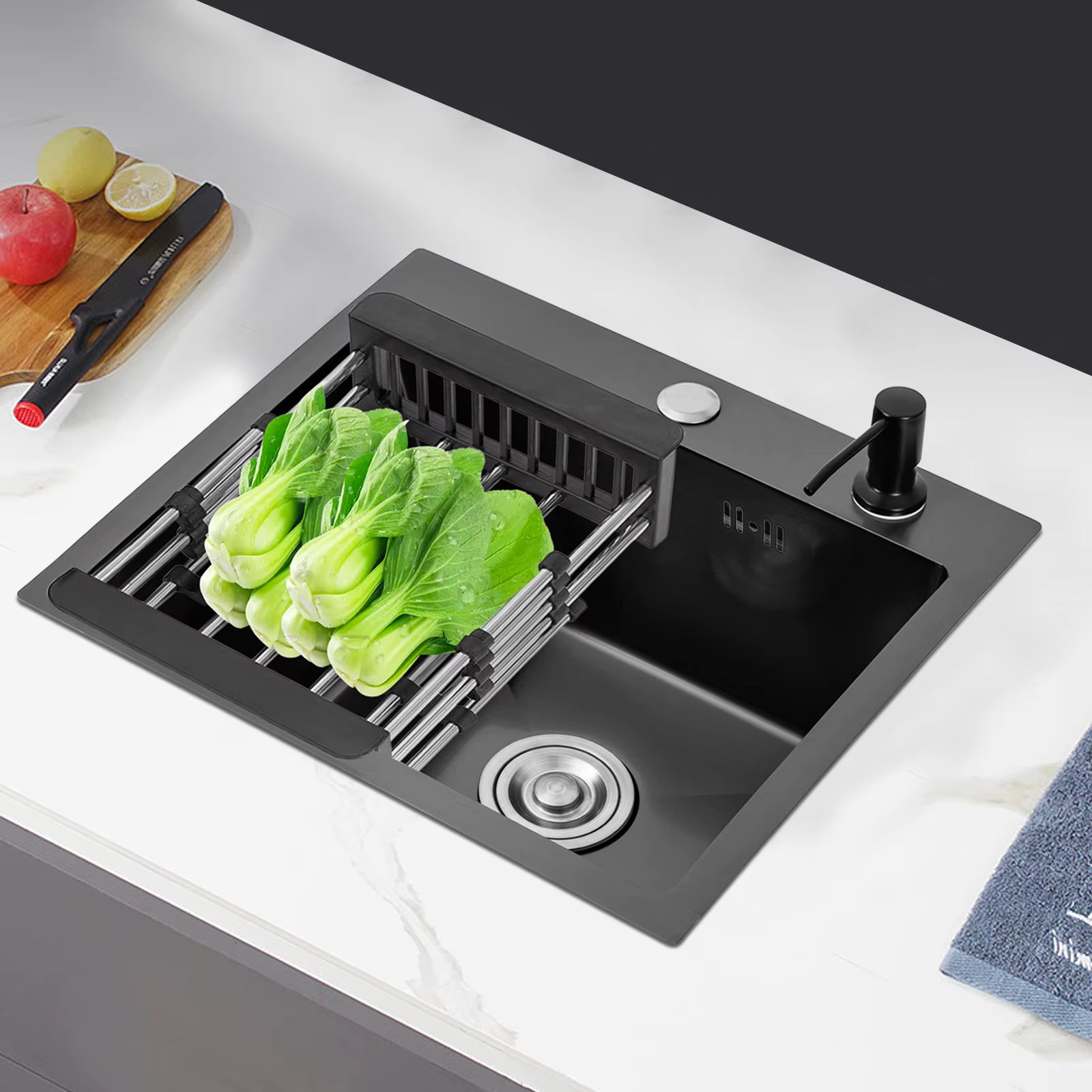 Black Single Bowl Kitchen Sink 45x40cm with Soap Dispenser Stainless Steel