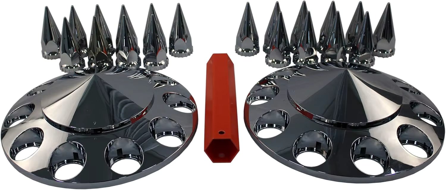 Chrome ABS Complete Axle Cover Set with Hub Caps and 33mm Screw-On Spiked Lug Nut Covers for Semi Trucks (2 Front)