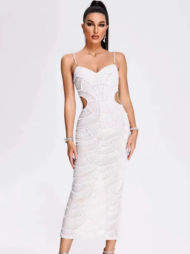 Women Luxury Sexy V Neck White Pearl Beading Cut Out Maxi Long Bodycon Gowns Dress Birthday  Elegant Evening Party Club Dress