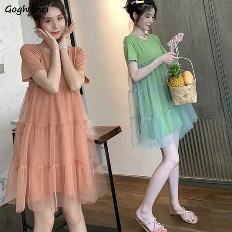 Dresses Women Short Sleeve O-neck Mesh Causal Sweet Elegant Solid Simple 3XL Loose Girls Korean Style Vestidos Lovely New Retro