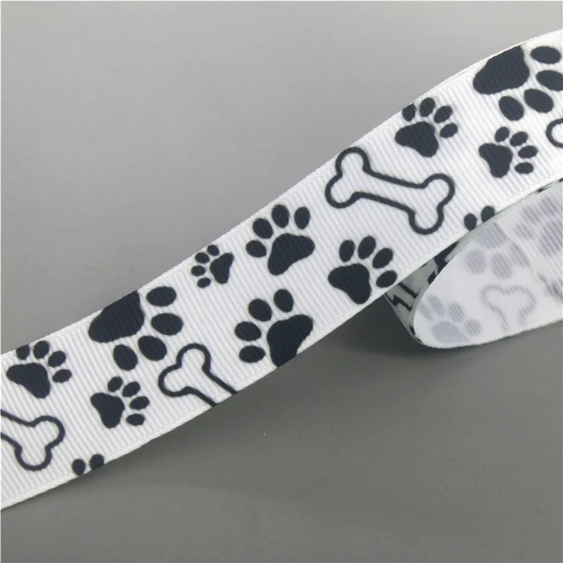DUWES 50yards Dog Cat Paw Bone Printed Grosgrain Ribbon Accessories Material Headwear Decoration DIY Sewing Craft D1856