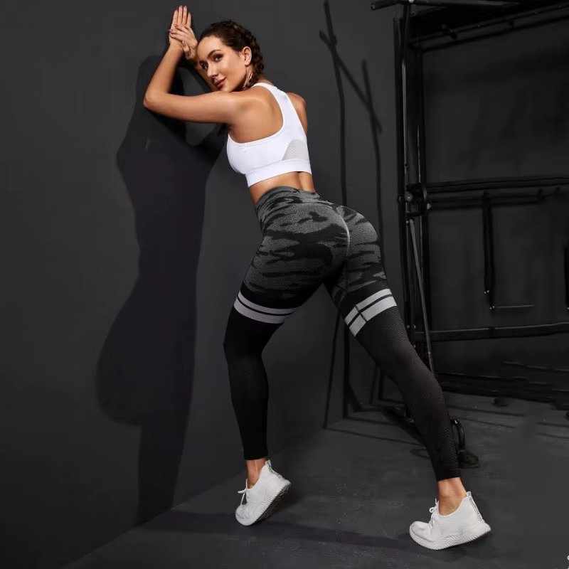 Stripe Camo Leggings Women Seamless Knit Tights High Waist Hip Liftting Outdoor Running Cycling Fashion Slim Yoga Fitness Pants