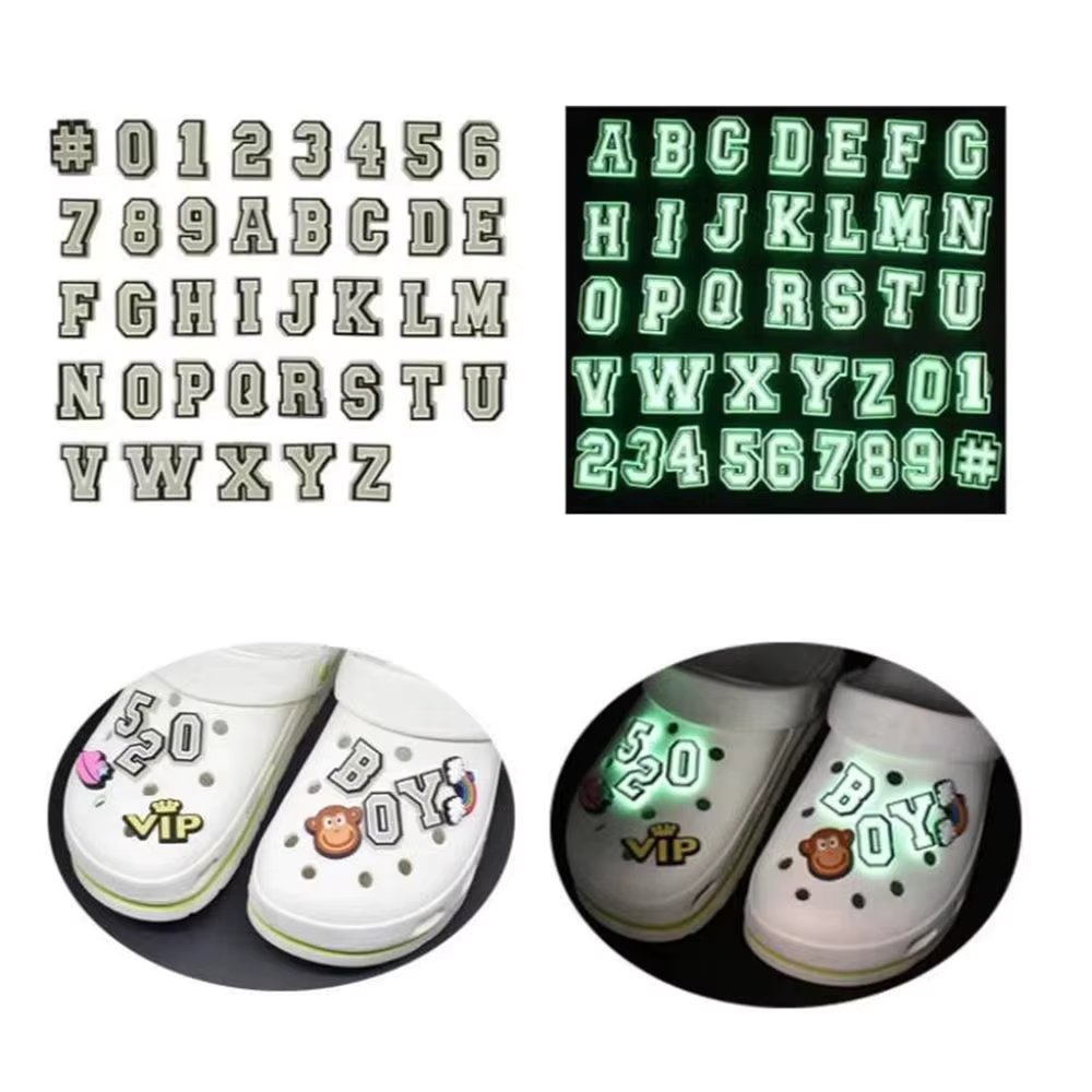 Hot 1pcs English Letter and Number PVC Shoe Charms DIY Luminous Shoe Accessories Fit Clogs buckle Decorations kids X-mas Gifts
