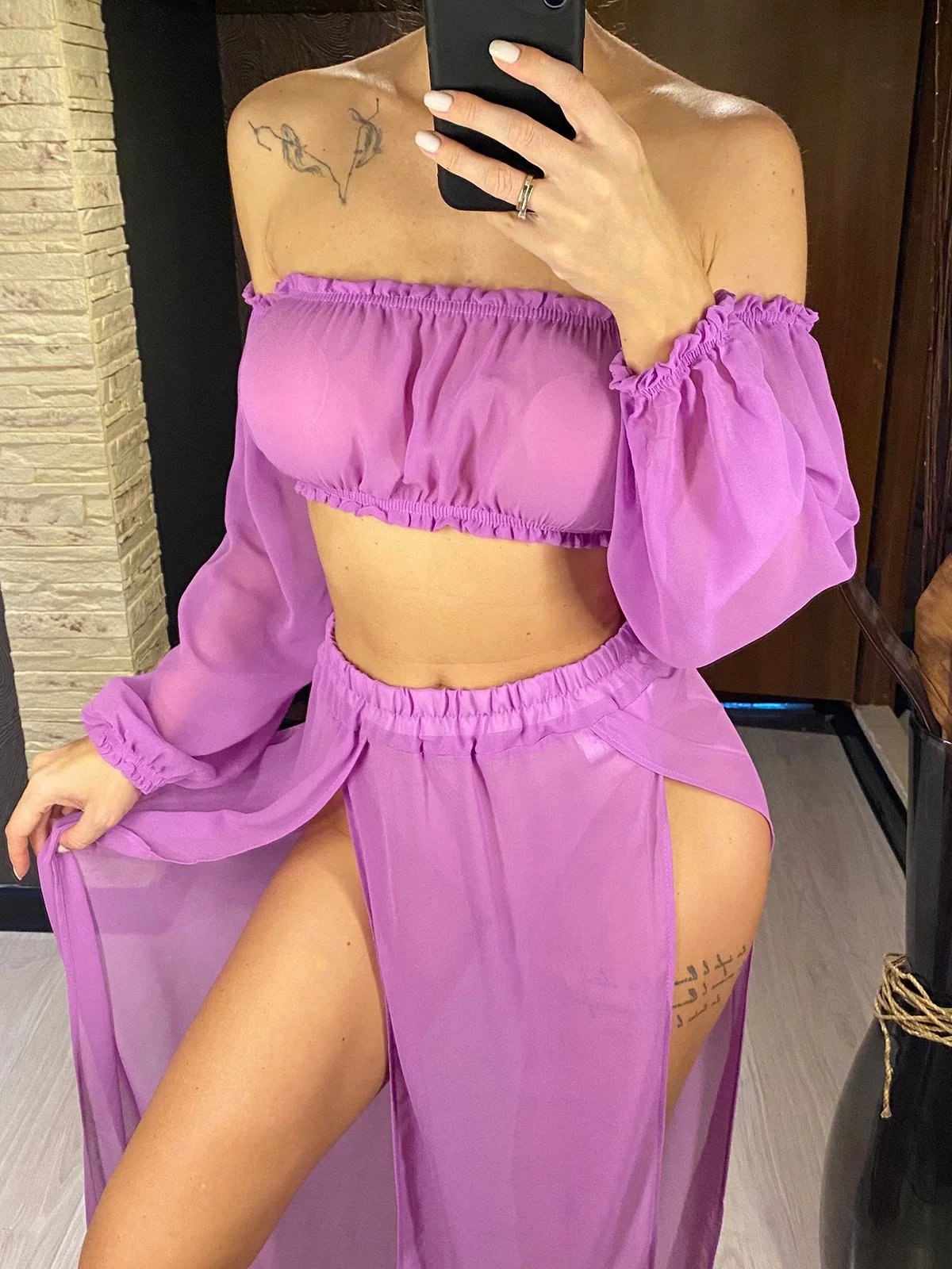 2024 Leopard Off Shoulder Long Sleeve 2 Pieces Set Beach Cover Up Cover-ups Beach Dress Beach Wear Beachwear Female Women V3728