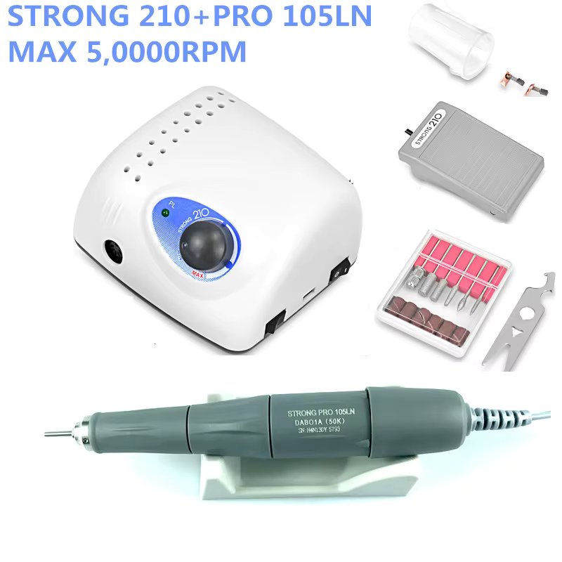 2021 New Arrival STRONG 210 PRO 105 105L Handpiece 65W 45000/500000rpm Nail Drills Manicure Machine Pedicure Electric File Bits