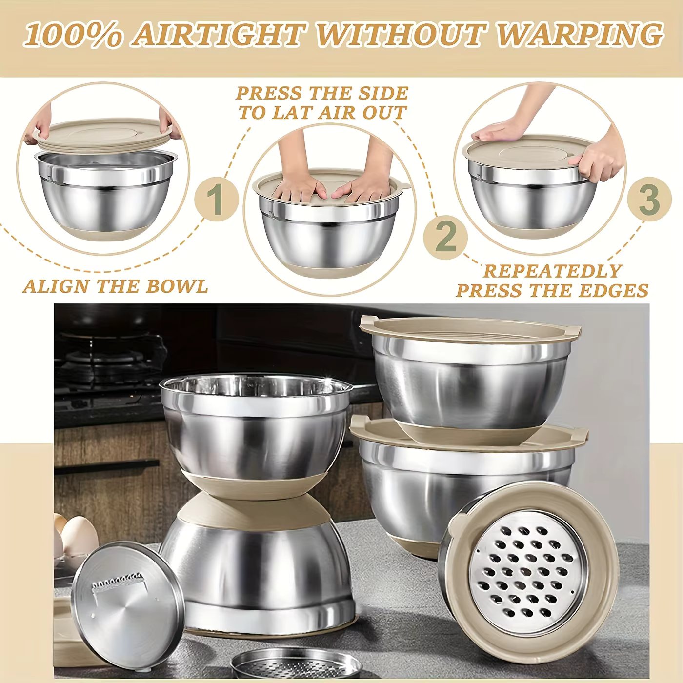 Mixing Bowls with Airtight Lids Set SteelBowls with Grater Attachments,Non-Slip Bottoms KitchenGadgets Great for Mixing Serving