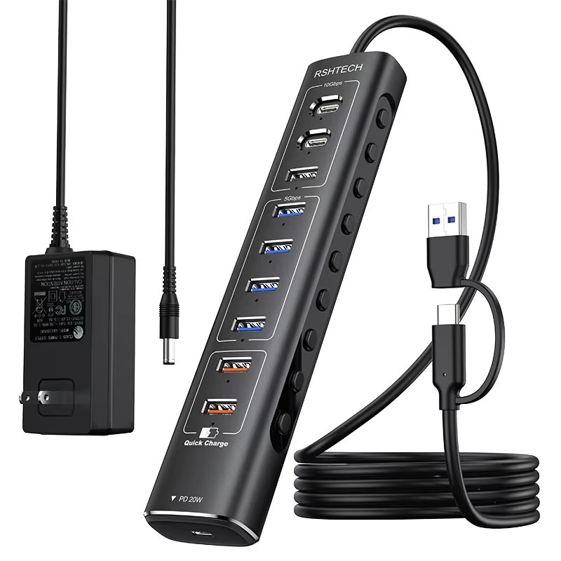 RSHTECH 60W Powered USB Hub 10Gbps Data Transfer Aluminum USB Splitter with Fast Charging Ports USB-C PD 20W for Macbook Laptops