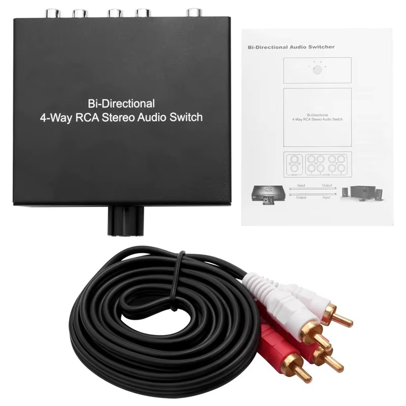 4 Way Bi-Directional RCA Stereo Audio Switch 1 In 4 Out or 4 In 1 Out L/R Jack Sound Channel RCA Audio Switcher Selector Splitte