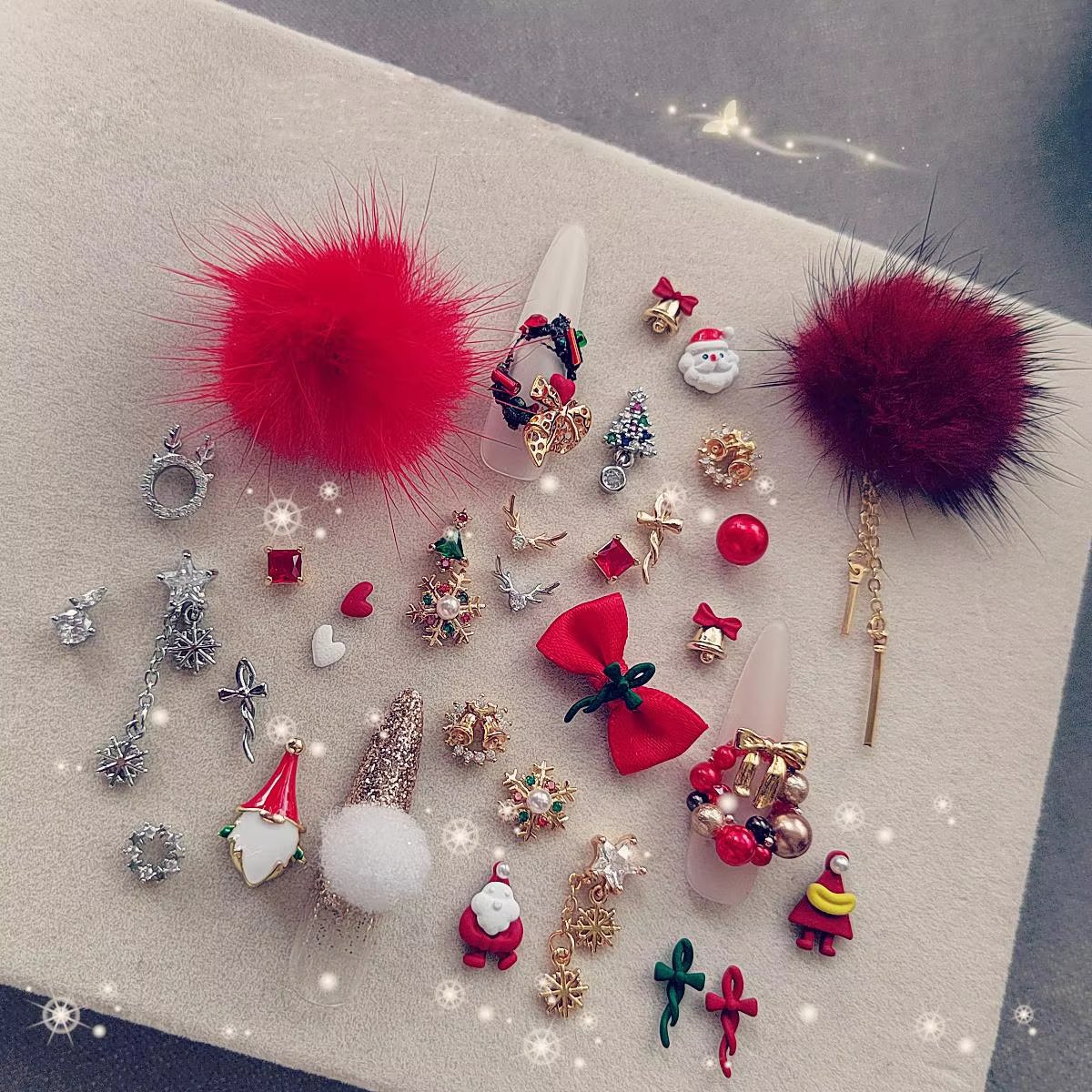 10 PCS New Christmas Winter Nail Art Accessories Zircon Rhinestone Snowflakes Fabric Pom-Poms Red Bells Tie Bow Decorations