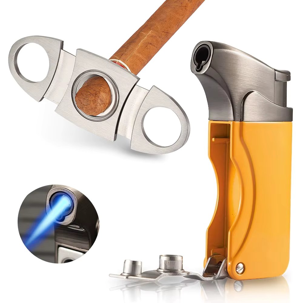Windproof Butane Lighter Cutter Cigar Accessories Set Metal  Gas Torch Lighters Stainless Steel Sharp Cigar Cutter