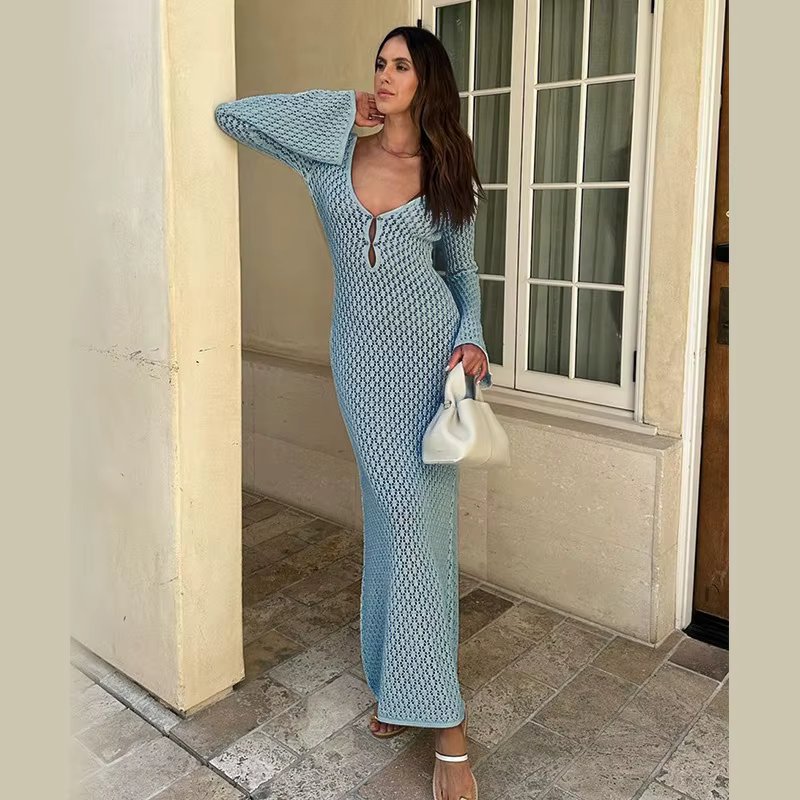 2024 Knitted Cover Up Beach Elegant Solid Sexy See Through Bodycon Maxi Dress Flared Long Sleeves Bikinis Cover-ups For Women