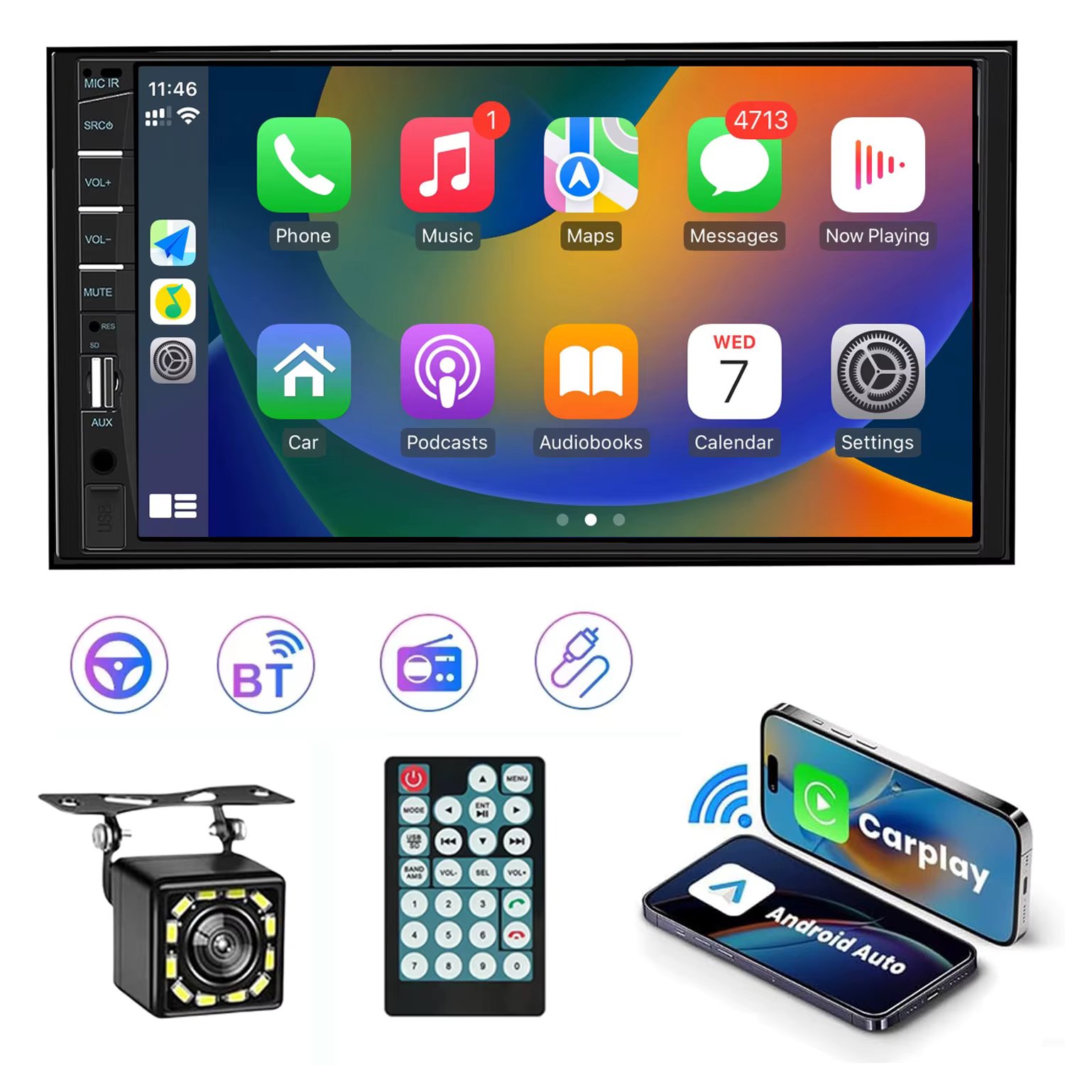 Naifay 7" HD Touchscreen Car Radio 2 Din Car Video Player Support CarPlay and Android Auto with Bluetooth Rear Camera USB/AUX/TF