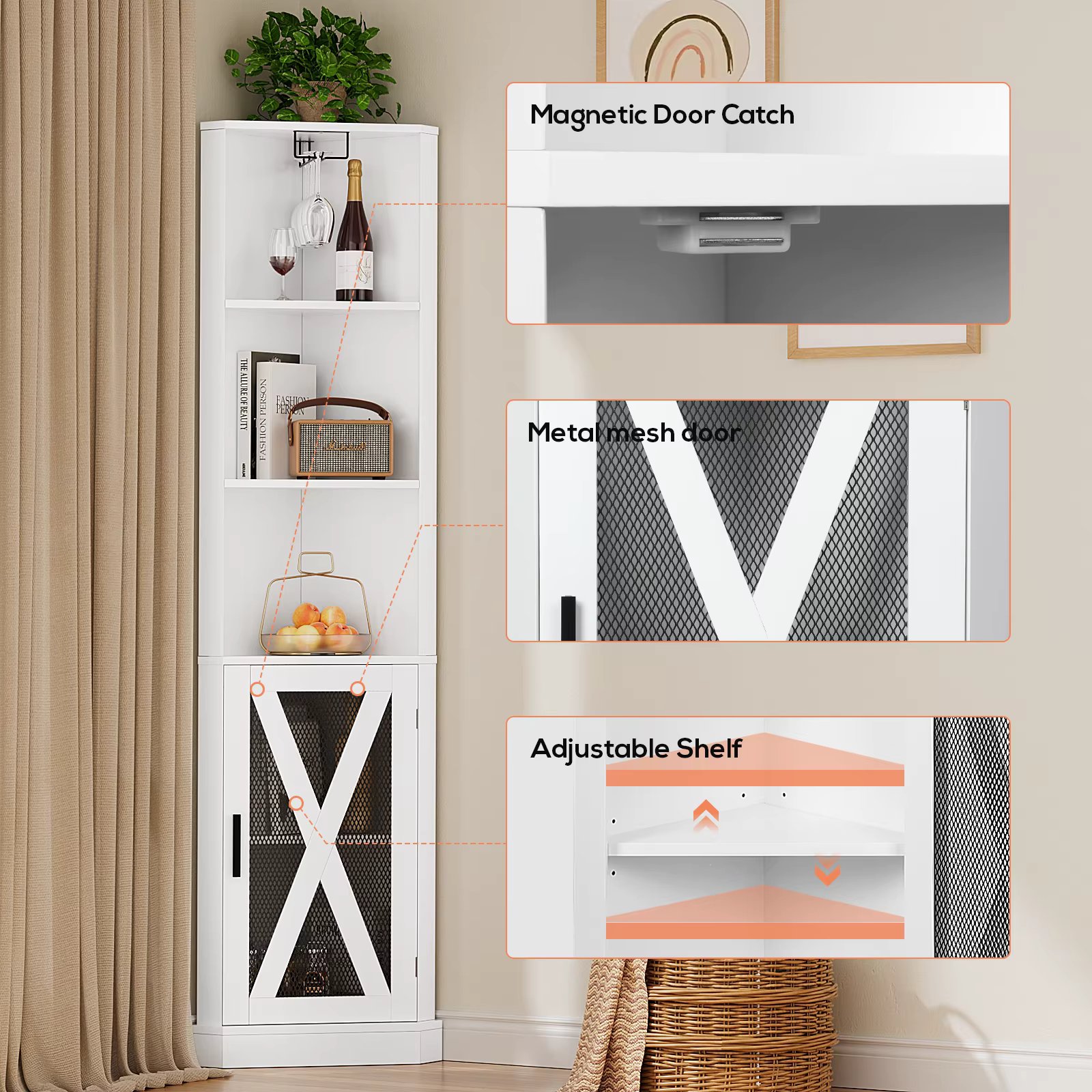 VOWNER 71'' Tall Corner Storage Cabinet, Corner Bar Cabinet with Glass Holder, Wine Cabinet with Mesh Door and Adjustable Shelf