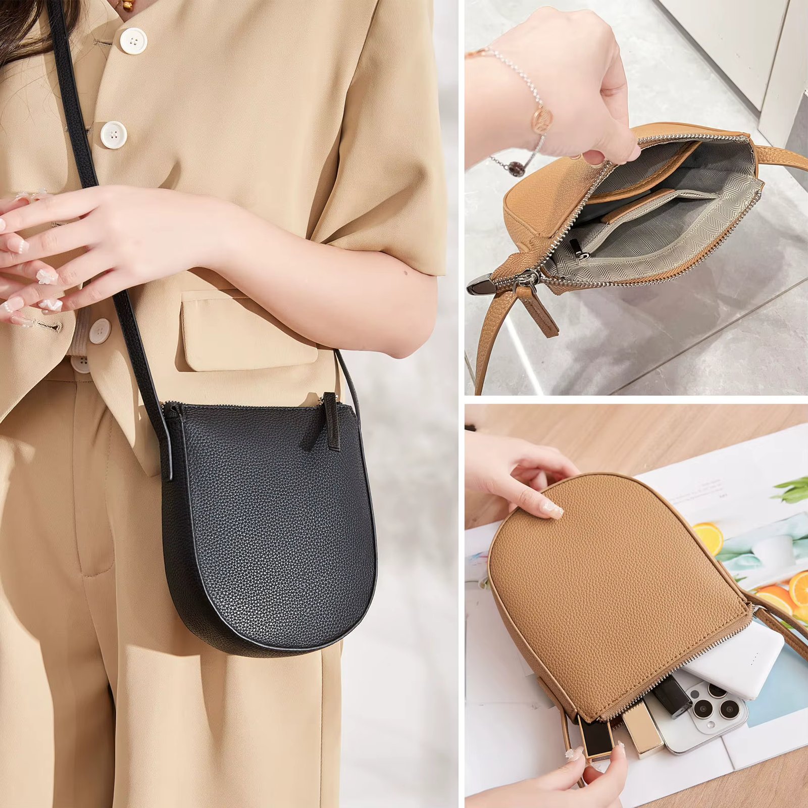 Classic minimalist solid color women's crossbody bag fashionable three-dimensional zipper single shoulder bagPUleather phone bag