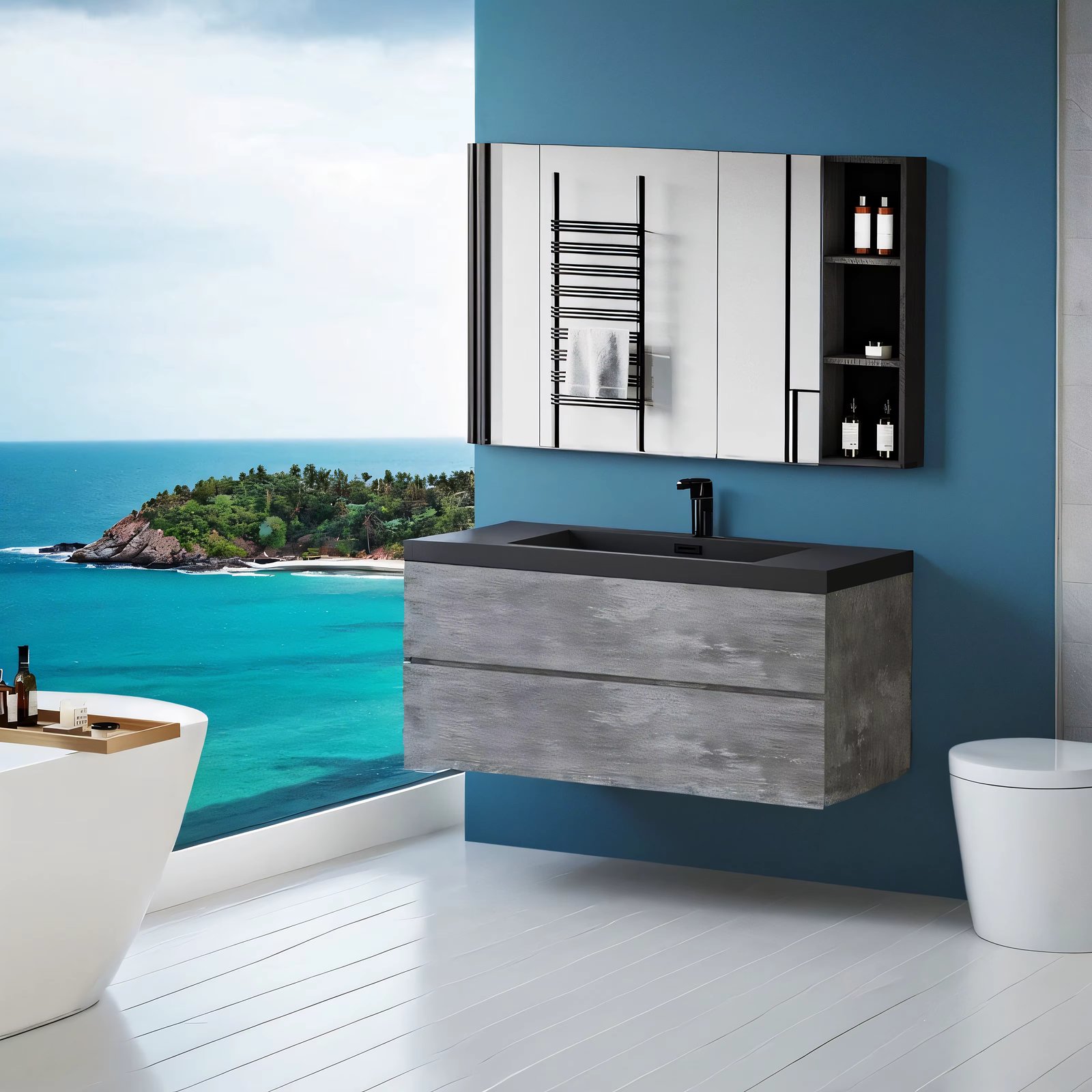 48" Floating Bathroom Vanity with Sink, Modern Wall-Mounted Bathroom Storage Vanity Cabinet with Black Quartz Sand Top Basin and