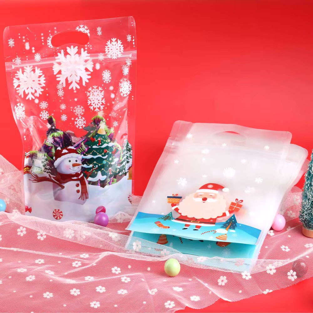 5/10/25pcs Christmas Transparent Plastic Cookie Bags Candy Snack Bag Tree Snowflake New Year Party Decorations Handle Gift bags