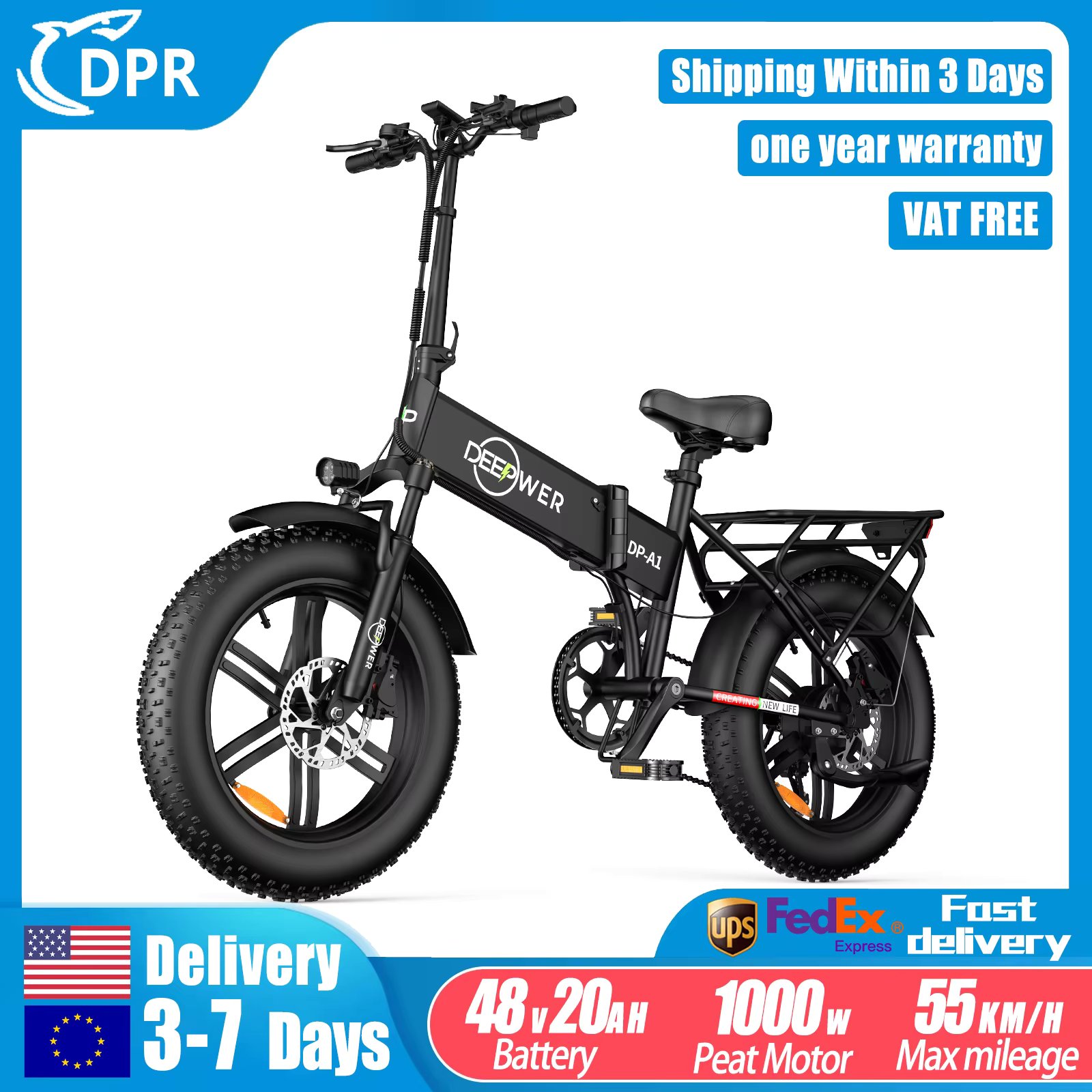 DEEPOWER 20 inch Adults Electric Bike Bicycle 48V 20AH 20 Inch Fat Tire Electric E Bikes Free Shipping Mountain Ebikes 1000W