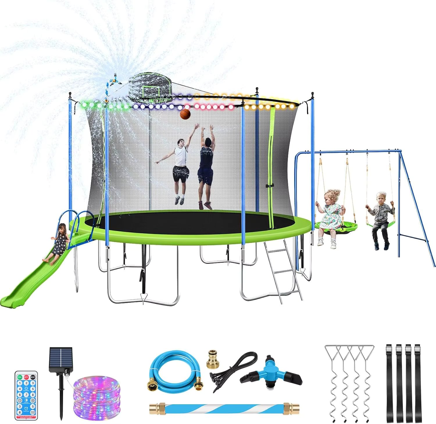 12 14FT Trampoline with Slide and Swings, Approved Large Recreational Trampoline with Basketball Hoop and Ladder,Outdoor
