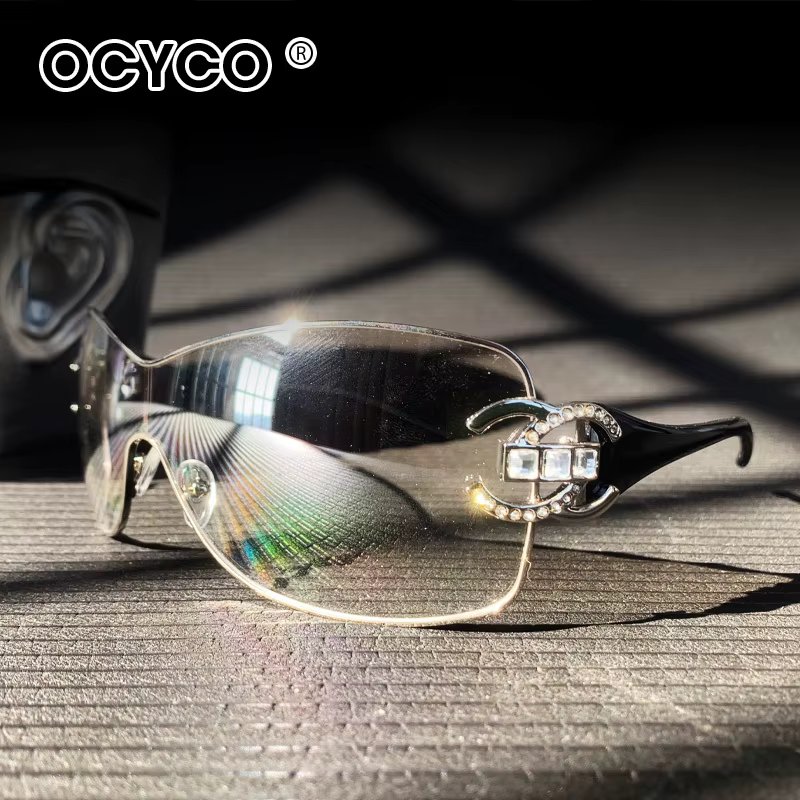OCYCO Luxury Diamond One-piece Punk Sunglasses Women Vintage Oversize Pilot Ladies Sun Glasses