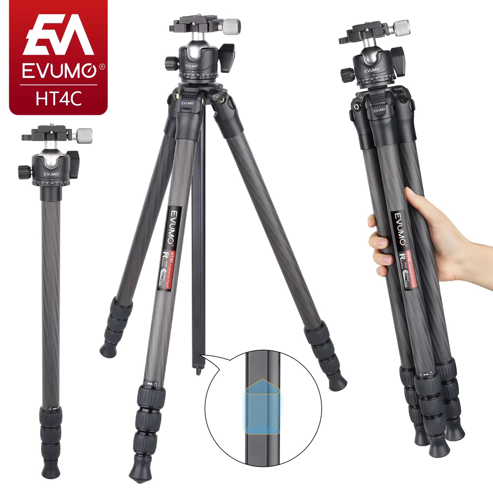 EVUMO HT4C 65in/165cm Tall Carbon Fiber Portable Tripod for Camera DSLR Canon Nikon Panorama Photography Phone Stand Load 15kg