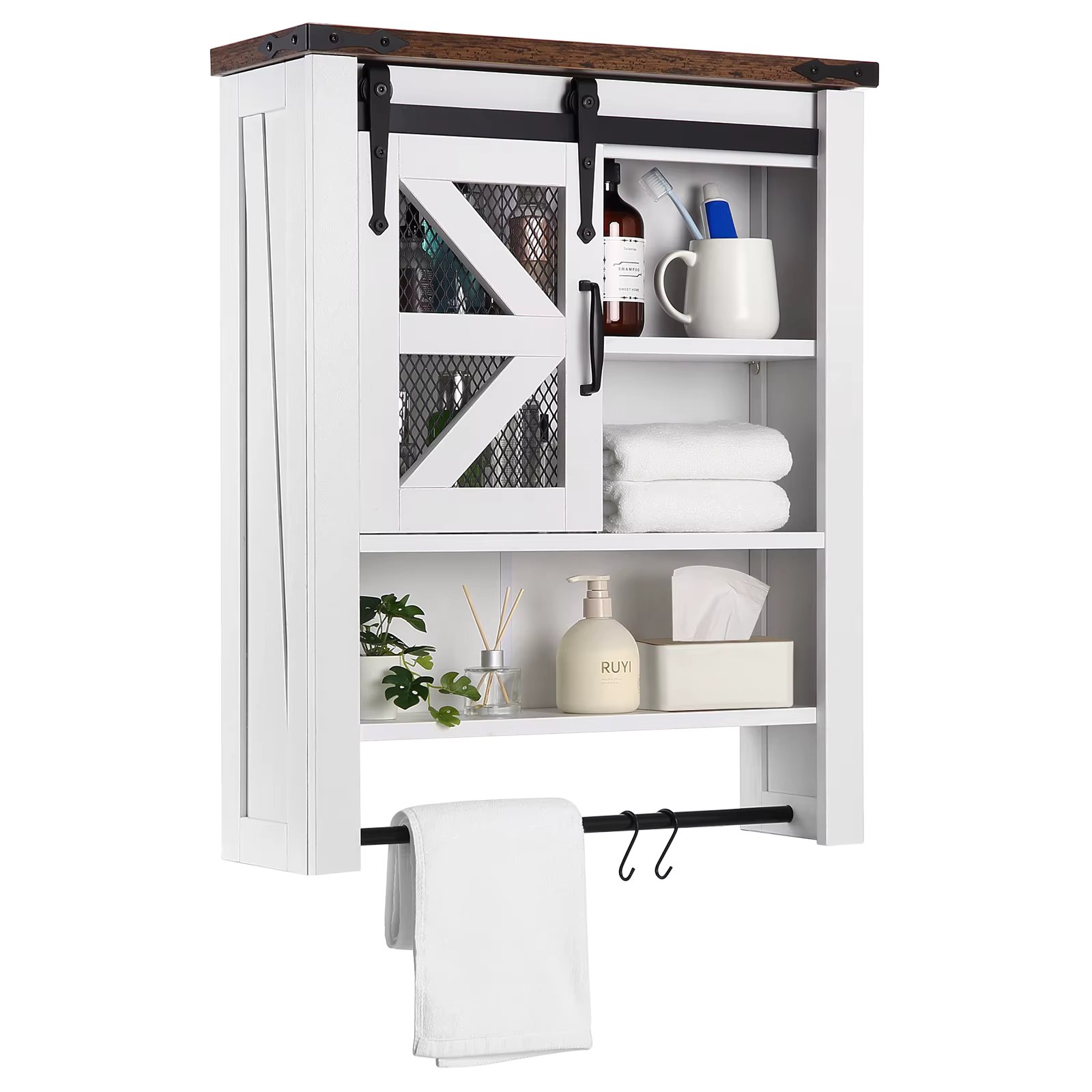 1 Retro Smoked Wood Color + White Iron Mesh Barn Door Wall Cabinet Bathroom Organizer Cabinet, with Towels Bar & Hooks