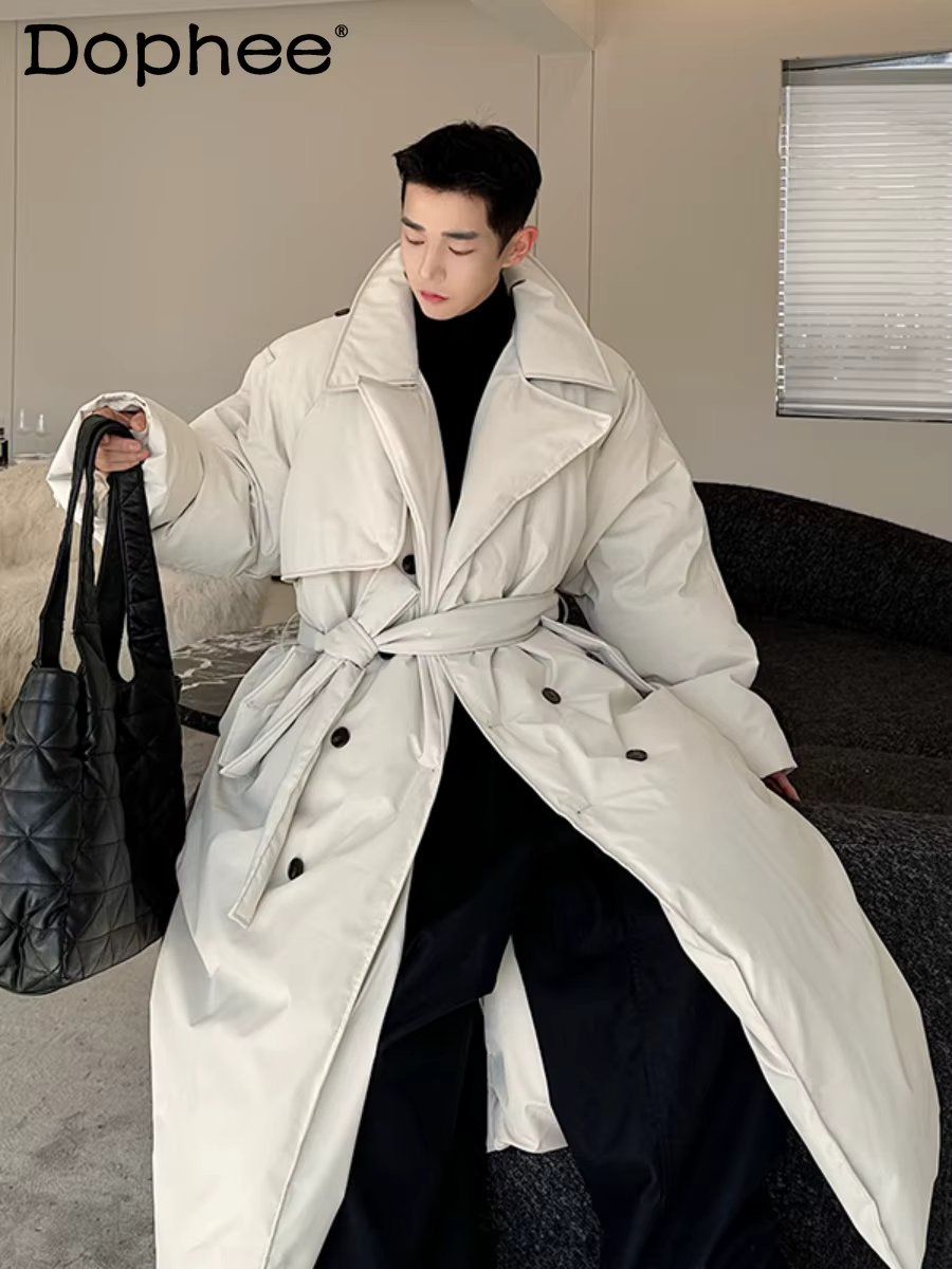 Fashionable Down Cotton-Padded Jacket Men's Trendy Winter Thickened Warm High-End Lace-up Long Overknee Long Sleeve Coats