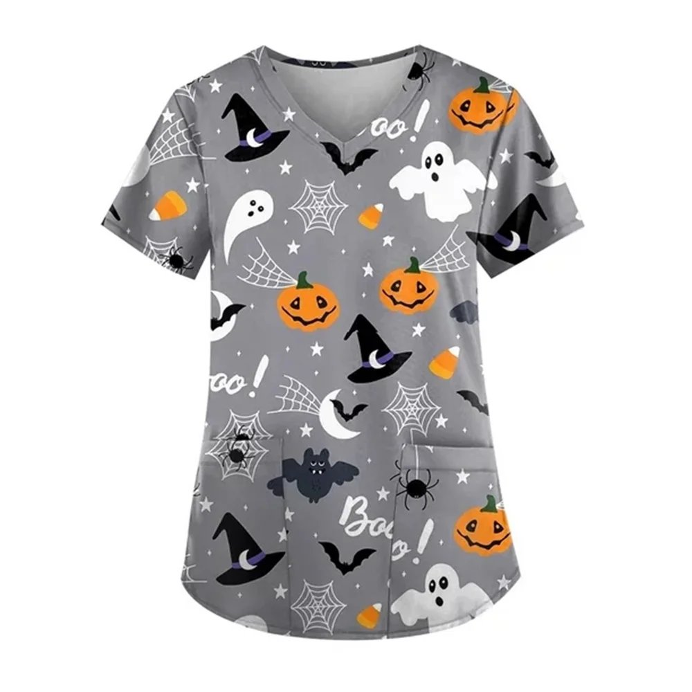 V-neck Working Hospital Uniform Halloween Surgical Shirt Print Plus Size Nurse Medical Uniform Scrub Tops Women Pumpkin Blouse