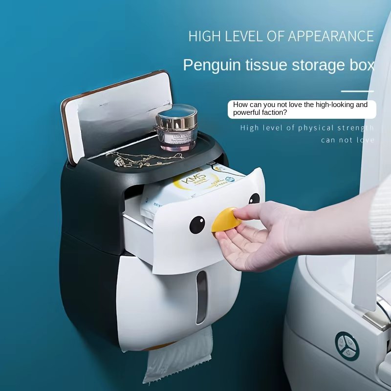 Cute Penguin Tissue  Box, Punch-free Toilet Paper Holder, Wall Mounted Tissue Container, Bathroom Tissue  Rack, Bathroom Accesso