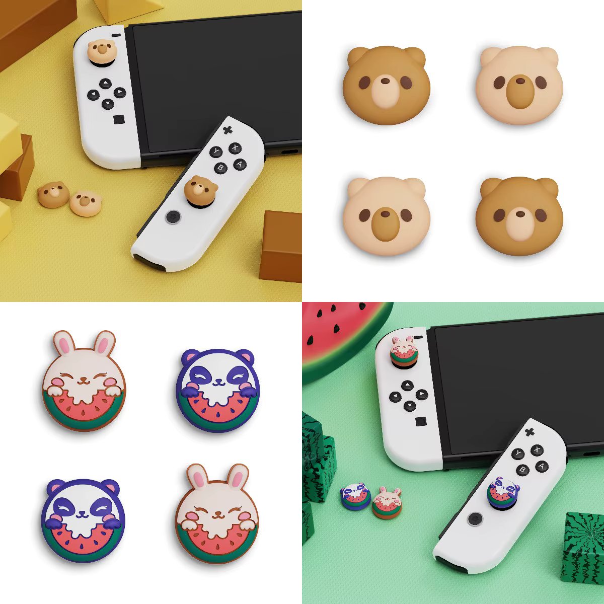PlayVital Joystick Caps for Nintendo Switch/Switch Lite/Switch OLED Joycon, Lovely Thumb Grips - Cozy Bear & Melon Sweeties Duo