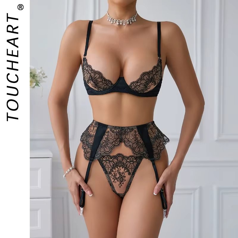 Toucheart Sexy Lingerie Lace Stitching See-through Slim Girdle Sexy Bra For Women Garters Interesting Embroidery Underwear Set