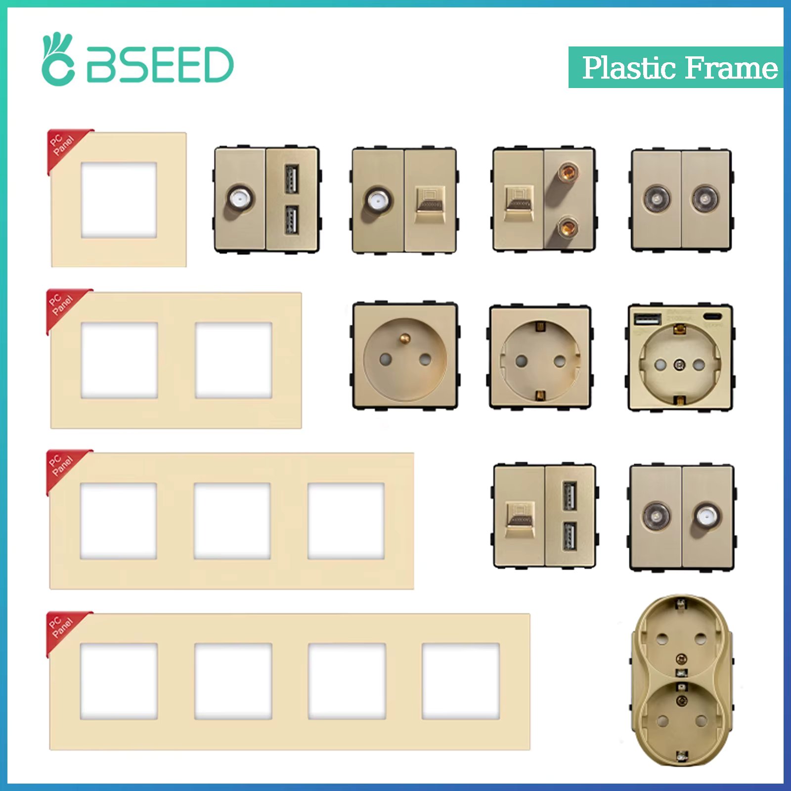 BSEED DIY Modules EU Plastic Panel Gold Double USB Socket Internet CAT5 RJ45 ST TV Power Socket Wall-Mounted Free Combination