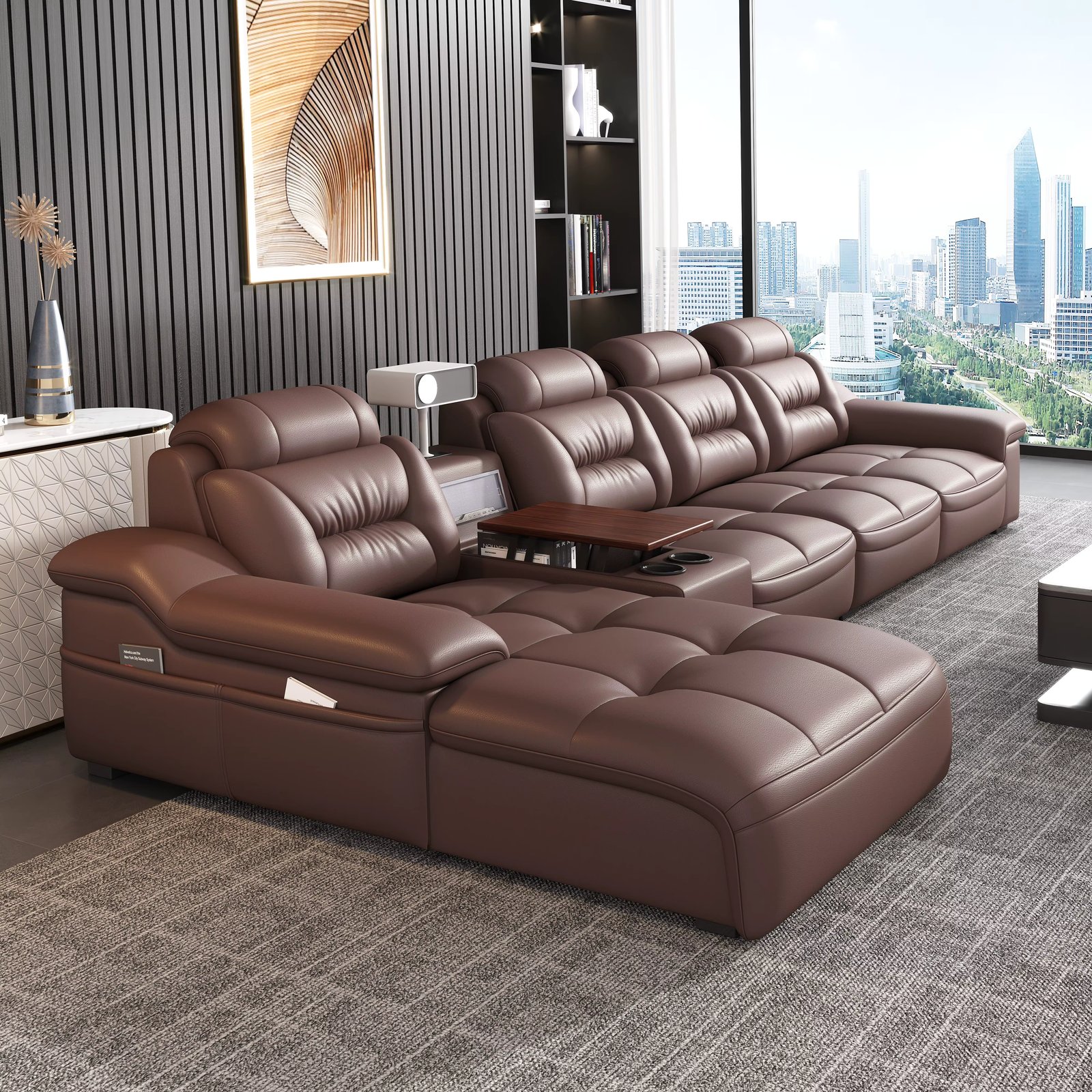MANBAS Italian Genuine Leather Sectional Sofa with USB Charging, Bluetooth Speaker and Projector - Perfect for Your Living Room