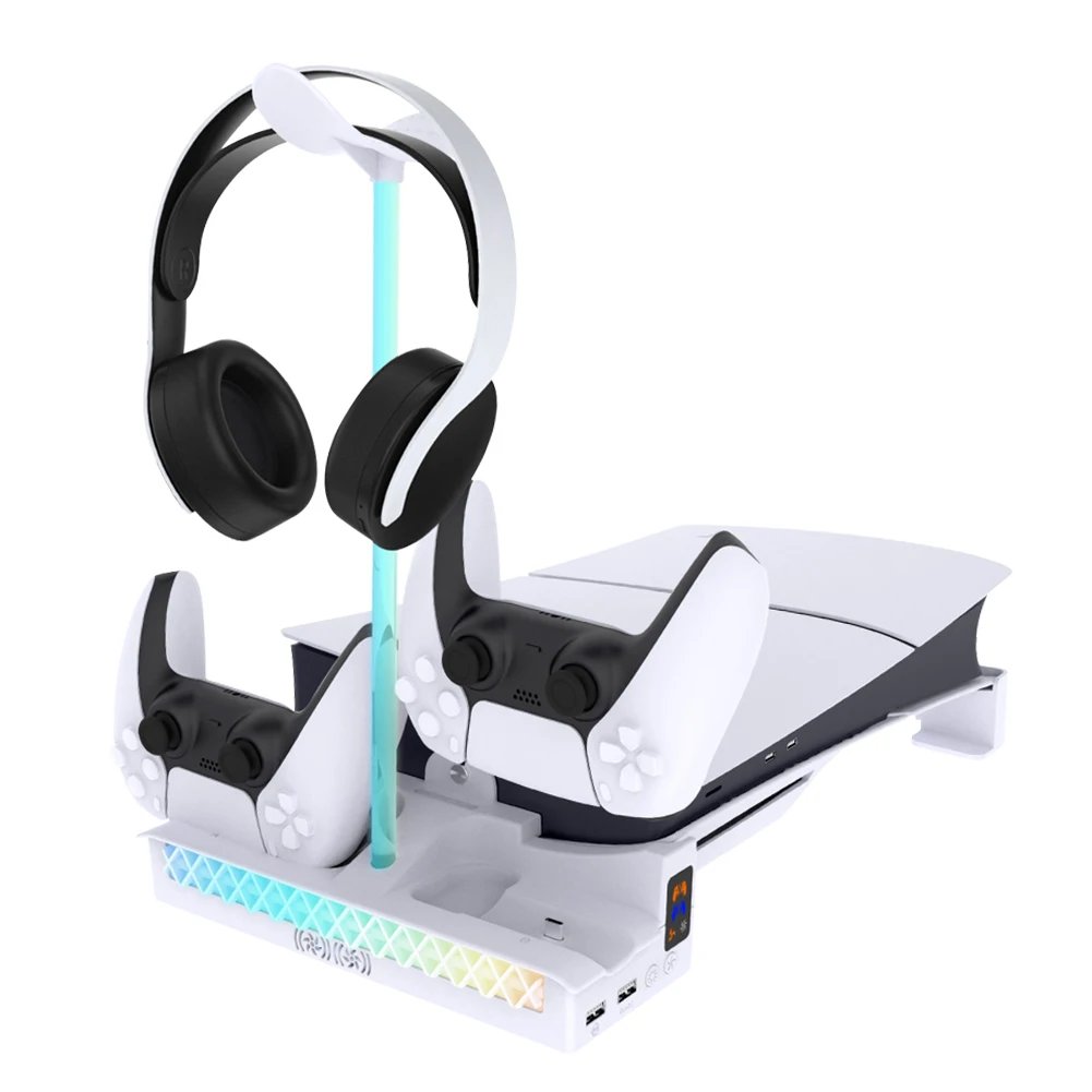 For PS5 Slim Horizontal Stand with 3-Level Cooling Fan & RGB Light Dual Controller Charger Headphone Hanger for PS5 Slim Console
