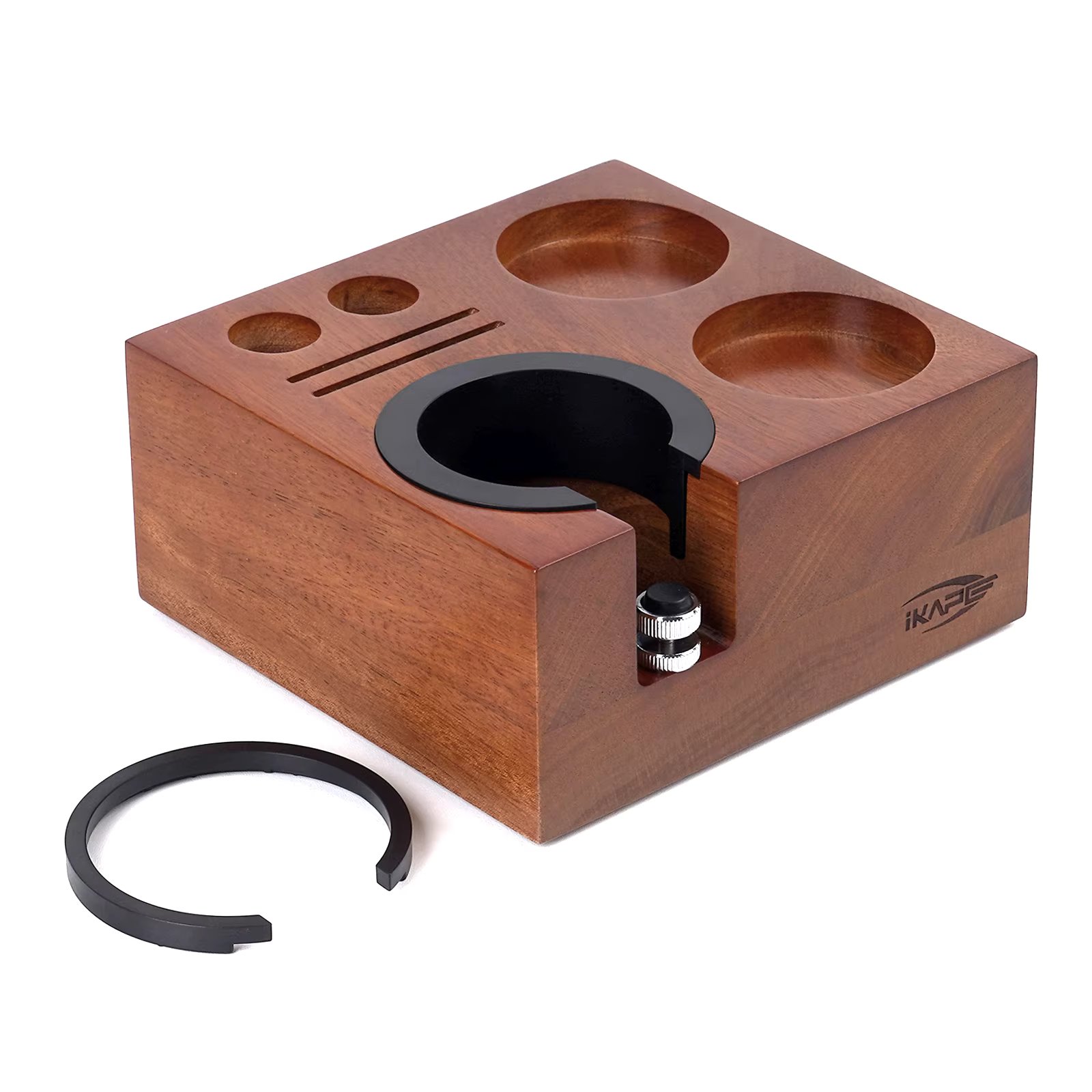IKAPE Espresso Tamper Holder, Wooden Coffee Tamper Station Base Natural Walnut Espresso Tamp Mat Stand fit 51/54/58mm (7 in One)