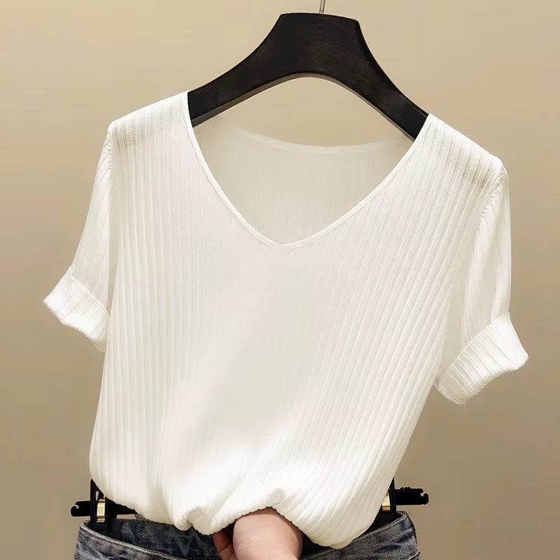 Knitted short sleeve Women V-Neck T Shirts 2024 Blue Slim Black thin knit Orange Tops Ladies Summer Camiseta Summer T shirts