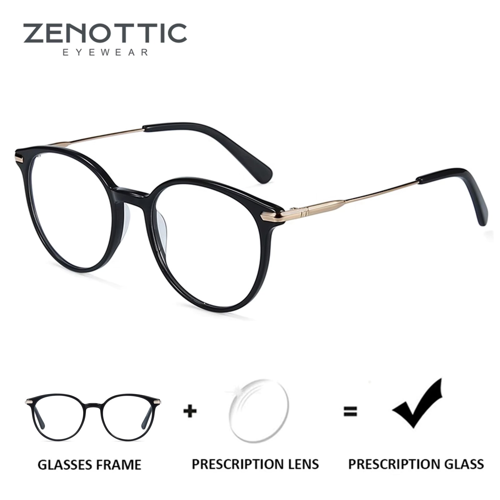 ZENOTTIC Custom Retro Round Prescription Glasses Women Optical Myopia Hyperopia Anti-Blue-Ray Photochromic Eyeglasses