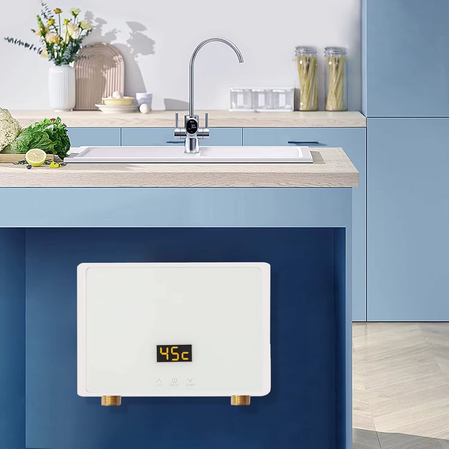 Water Heater 220V 5500W Mini Water Heater Electric Water Heater with Remote Control and LED Display Adjustable Power (White)