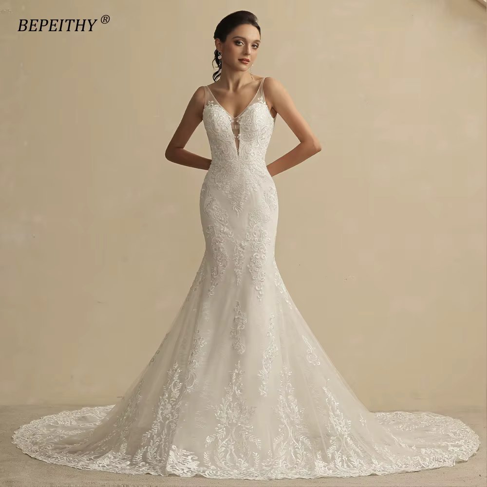 BEPEITHY Customized Real Image Mermaid Lace Wedding Dress For Women Court Train Sleeveless V Neck Open Back Vintage Bridal Gown