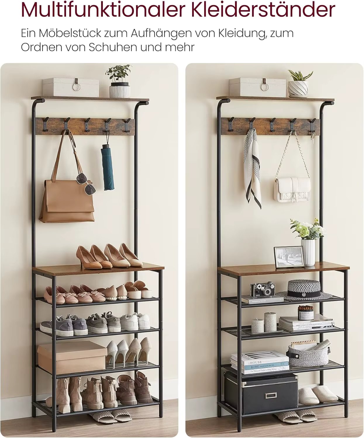 VASAGLE coat rack, dresses stand, wardrobe with 5 double hooks, shoe rack with 5 levels, one shelf on top