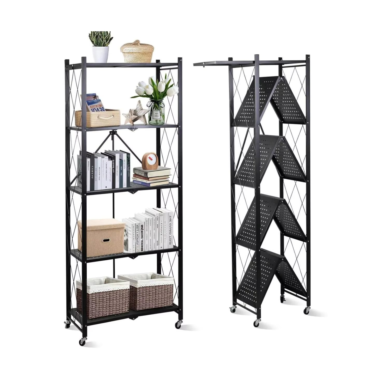 Foldable Storage Shelves 5 Tier, Storage Racks Kitchen Cabinet, Shelf Storage Multipurpose Rack Easy Assembly Black