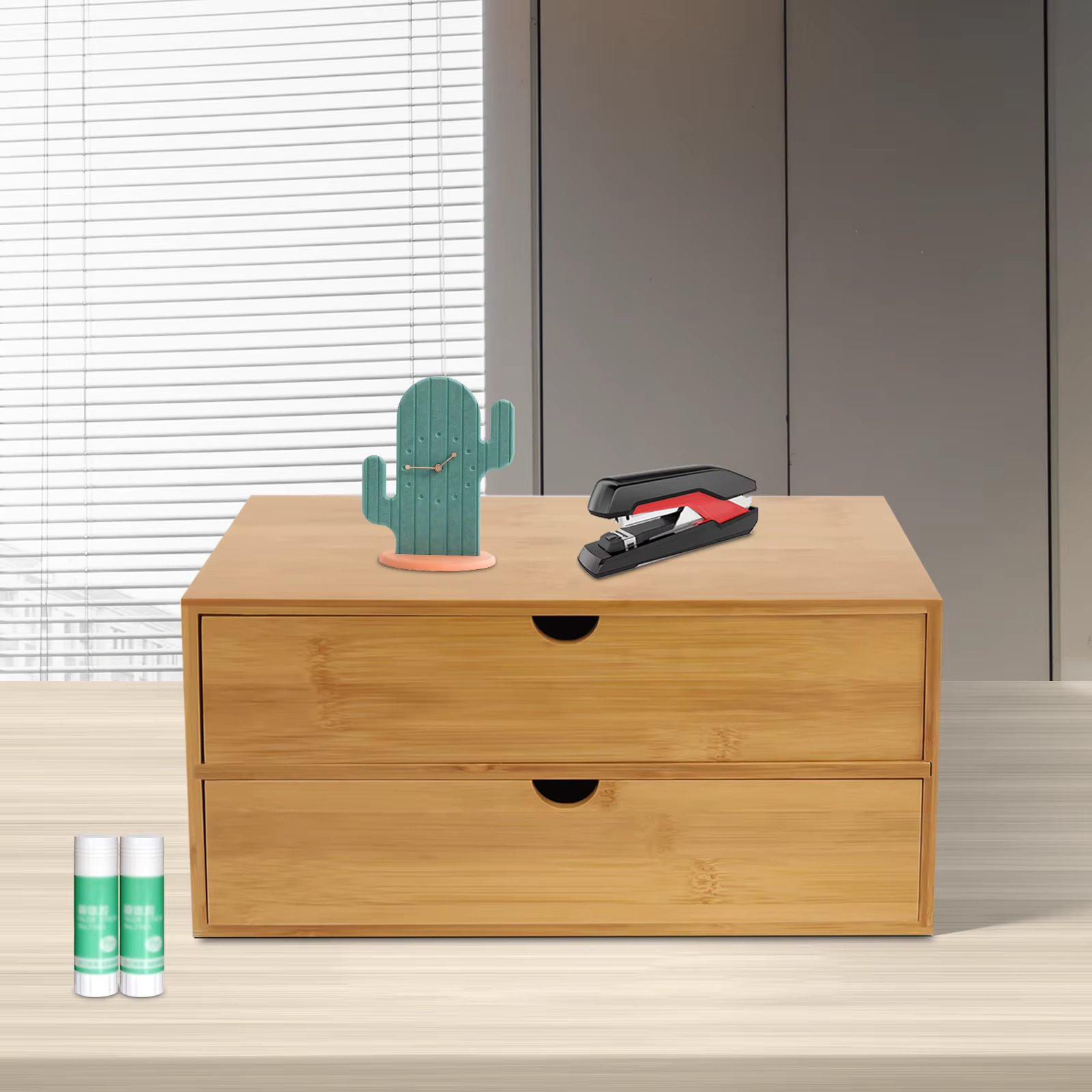 LOYALHEARTDY Bamboo Organizer for Desk Tabletop Home Office Mini Storage Organization Box with 2 Drawers