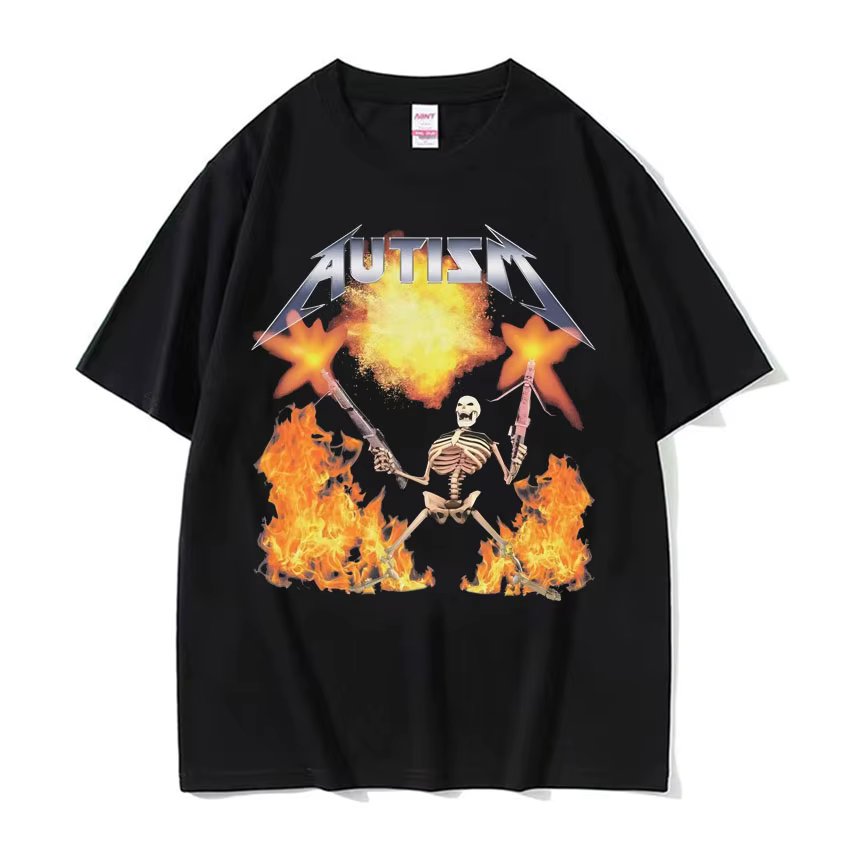 Autism Skeleton Meme T Shirt Human Funny Skull Men's Women Harajuku Gothic Vintage T Shirts Oversized Cotton T-shirt Streetwear