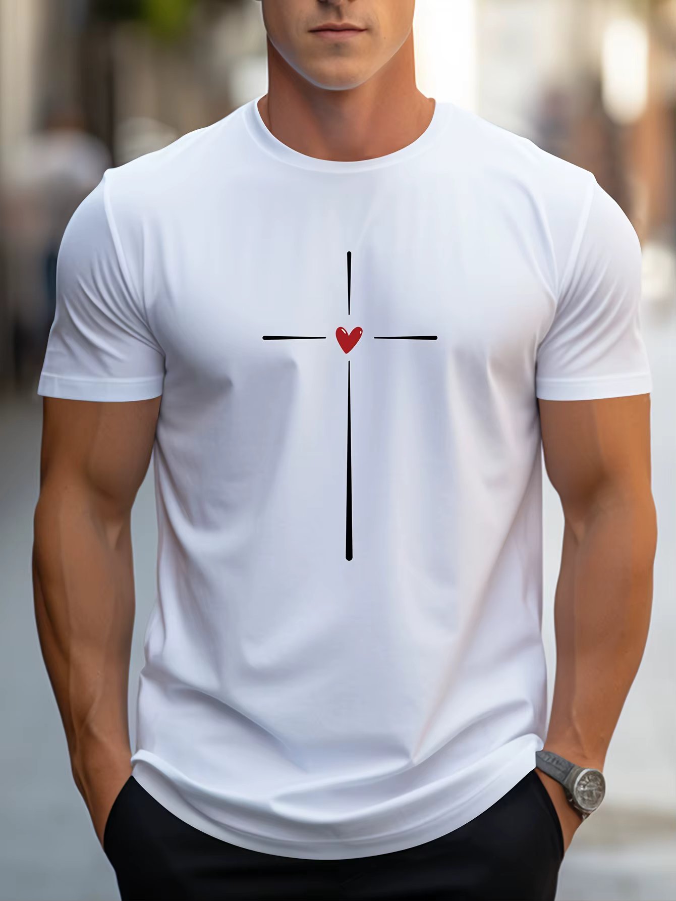 Men's 100% cotton summer loose fit Love Heart Graphic printed slim fit casual sports round neck short sleeved T-shirt top